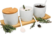 Set di servizio per condimenti con ciotole, coperchio e cucchiaio, piatti per servire, insieme di piatti eleganti per salse, spezie, servizio da tavola con piatti in ceramica, cucchiaio e tavola in bambù