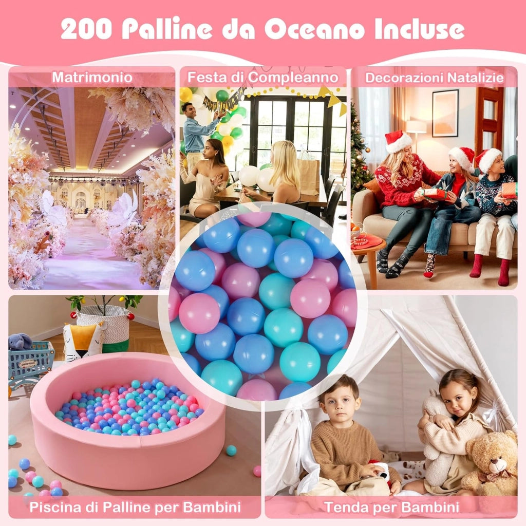 Piscina di Palline per Bambini, Vasca Rotonda con 200 Palline Colorate, Sacchetto in Rete e Copertura Rimovibile, Piscinetta in Morbida Schiuma per Soggiorno e Camera di Bambino (Rosa)