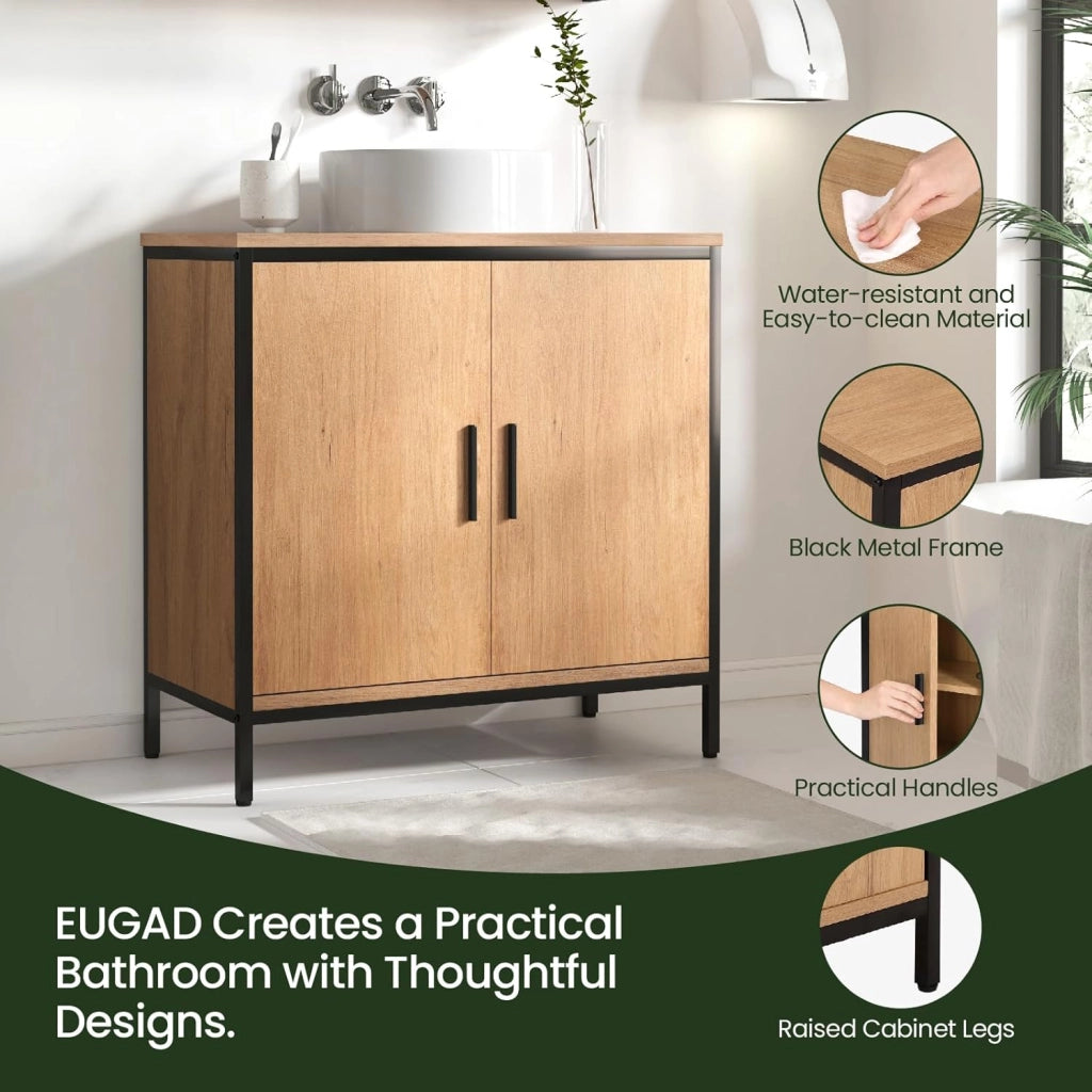 Mobile Sottolavabo per Bagno, Mobiletto Copricolonna da Bagno con Ripiano, Armadietto a 2 Ante in Legno e Metallo per Lavandino, Nero, 60x30x60cm