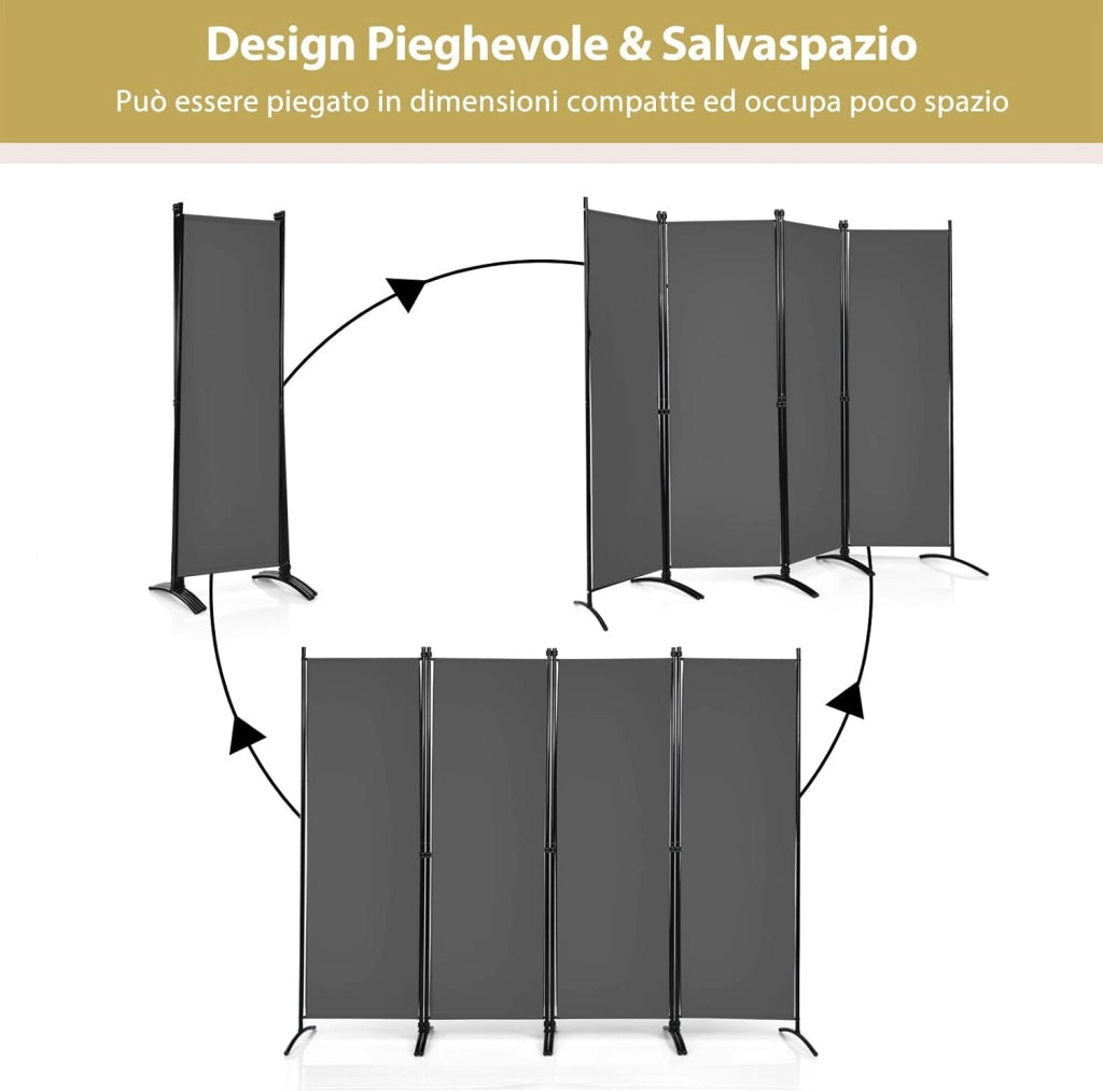 Paravento da Interno in Metallo, Separé Divisorio Interno Pieghevole con Piedini Stabili, Pannelli Divisori per Interni per Casa e Ufficio (Grigio, 220 x 173 cm (4 Pannelli))