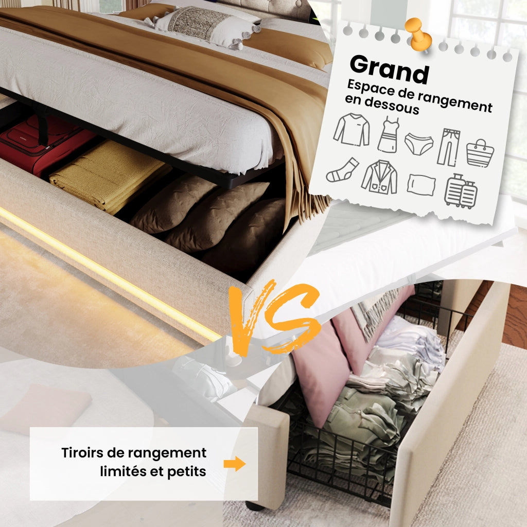 Letto Contenitore 140x200 cm; Matrimoniale - USB; Type-C; LED 3 lati - PU Bianco