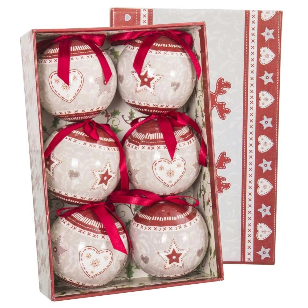 Trade Shop - Set 6 Palline Natalizie Stampa Cuore Stelle 7,5cm Con Nastro Decorazioni Natale -