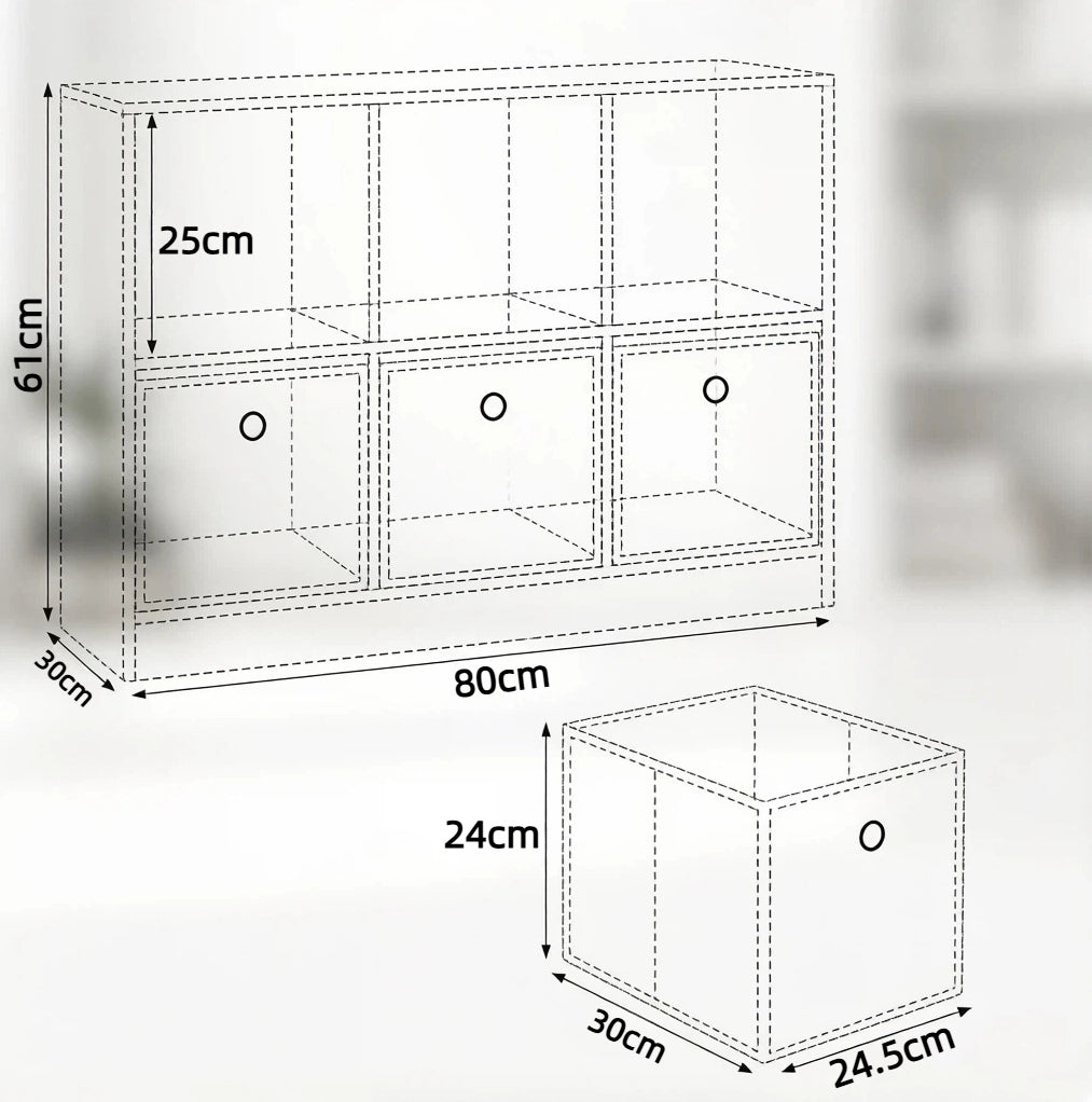 Libreria a cubi con 3 cassetti in tessuto, bianco e nero