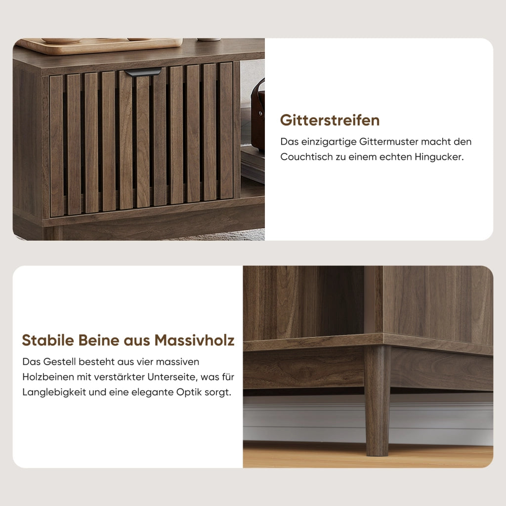 Tavolino basso fisso con nicchia e ripiani aperti in MDF colore noce 80 × 50 × 45 cm