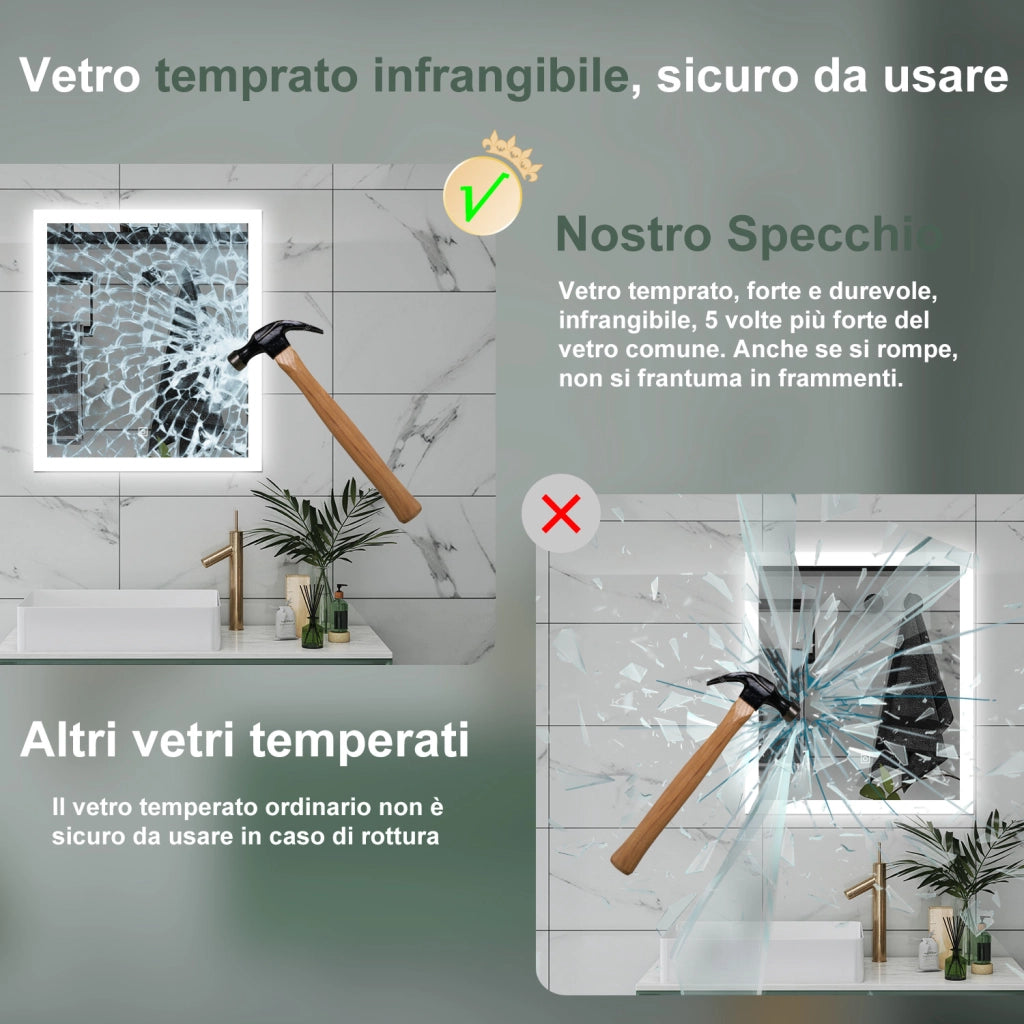 AICA Specchio da bagno  50 x 70 cm, dimmerabile, Funzione Memoria, antiappannamento, 3 colori