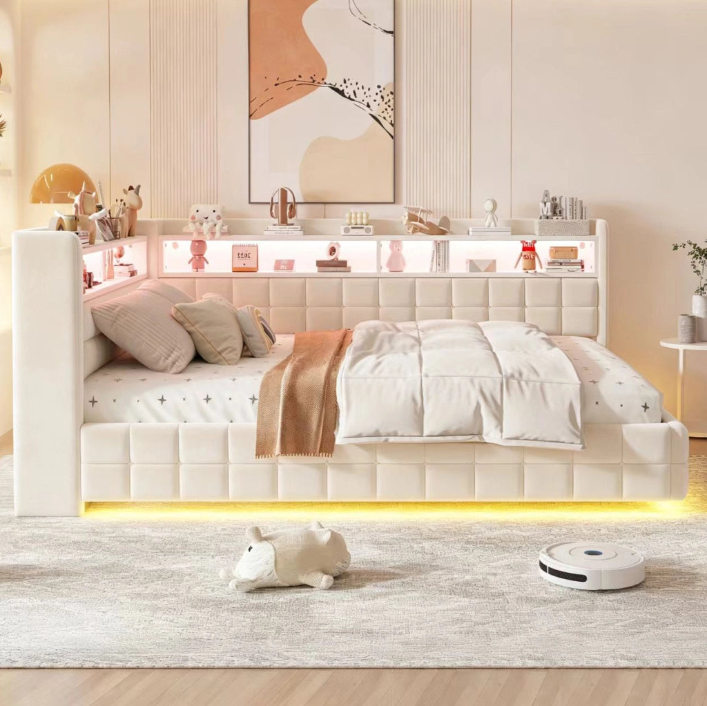 Divano letto imbottito 140x200 cm con contenitore idraulico; LED; USB-C; velluto beige