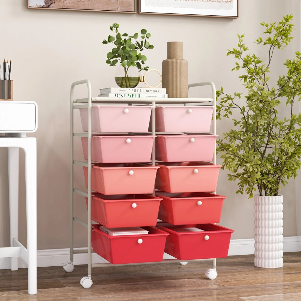 Carrello a 10 cassetti multiuso con ruote, Organizzatore per carta da scrapbooking e utensili da ufficio Rosa-Armadi da ufficio