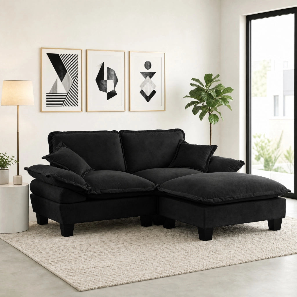 Divano angolare modulare Cloud in ciniglia nera con ottomana mobile; 194x155x90 cm