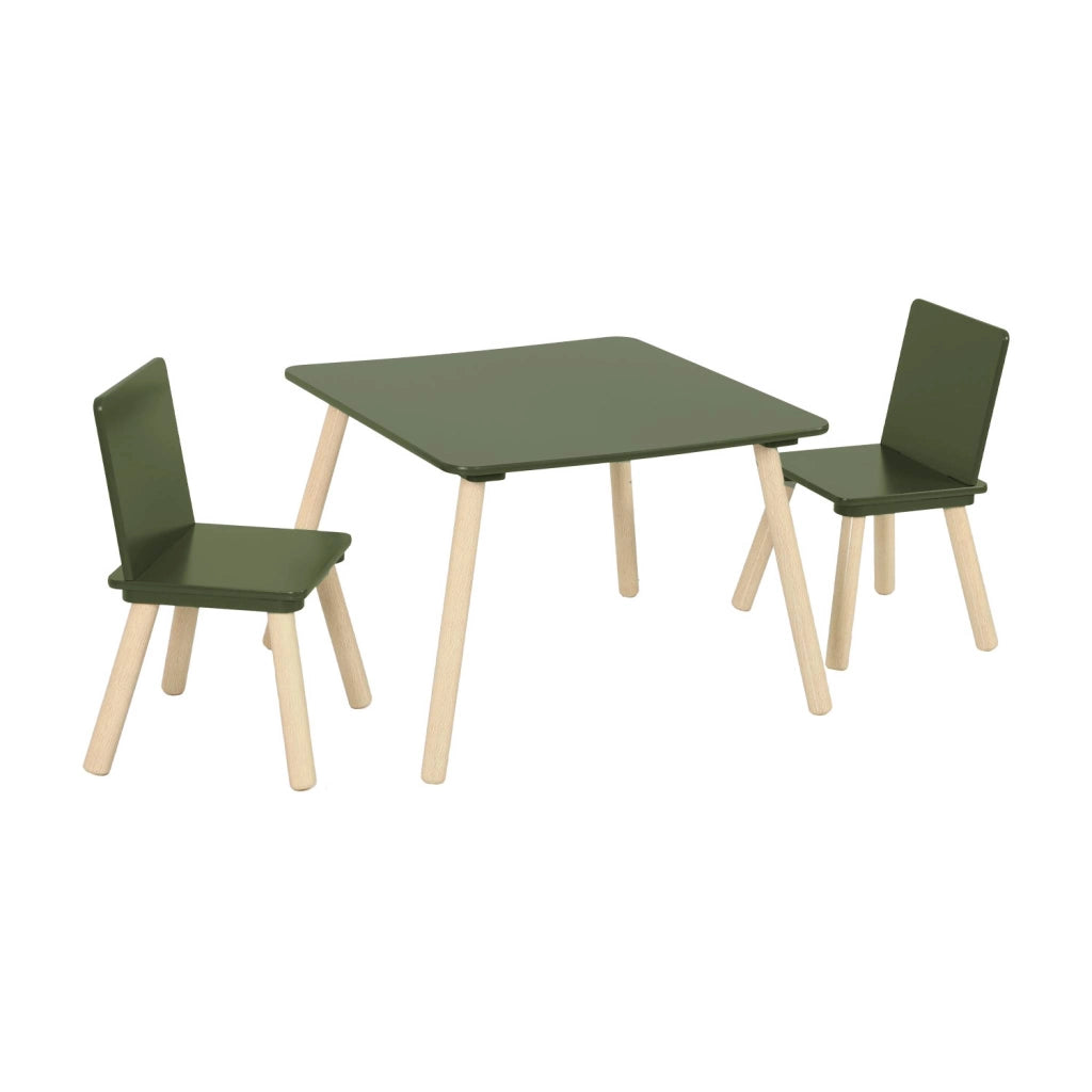 Tavolo quadrato per bambini con 2 sedie, verde oliva