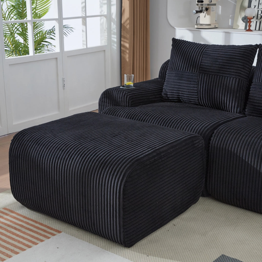 Divano modulare 3 posti 268x174x80 cm con portabicchieri e tasca laterale in corduroy nero