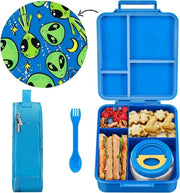 Bento Box con vetrino cibo - 4 contenitori per piatti caldi e freddi - cucchiaio e sacchetto di latta - per lavoro, viaggio, scuola - alieno nello spazio blu