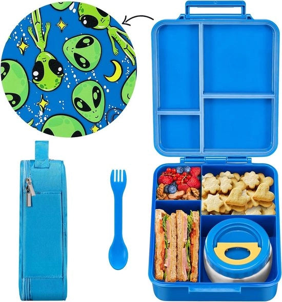 Bento Box con vetrino cibo - 4 contenitori per piatti caldi e freddi - cucchiaio e sacchetto di latta - per lavoro, viaggio, scuola - alieno nello spazio blu