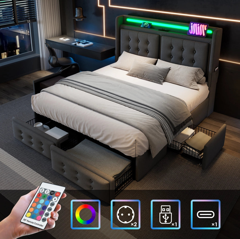 Letto matrimoniale 180x200 cm con LED; USB-C e 4 cassetti in cotone-lino grigio