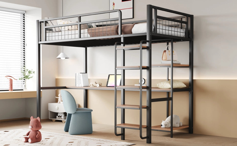 LETTO A CASTELLO IN METALLO 90x200 cm Nero con scala, tavolo e ripiani