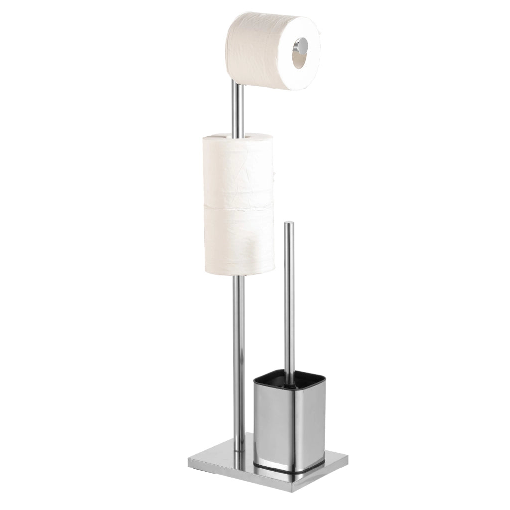 Accessori Bagno da Terra in Acciaio Inox – Piantana Porta Rotolo Carta Igienica con Scopino Water / Porta Salviette Multibraccio – Design Moderno Antiruggine, Base Stabile, Facile da Pulire Modello Enea