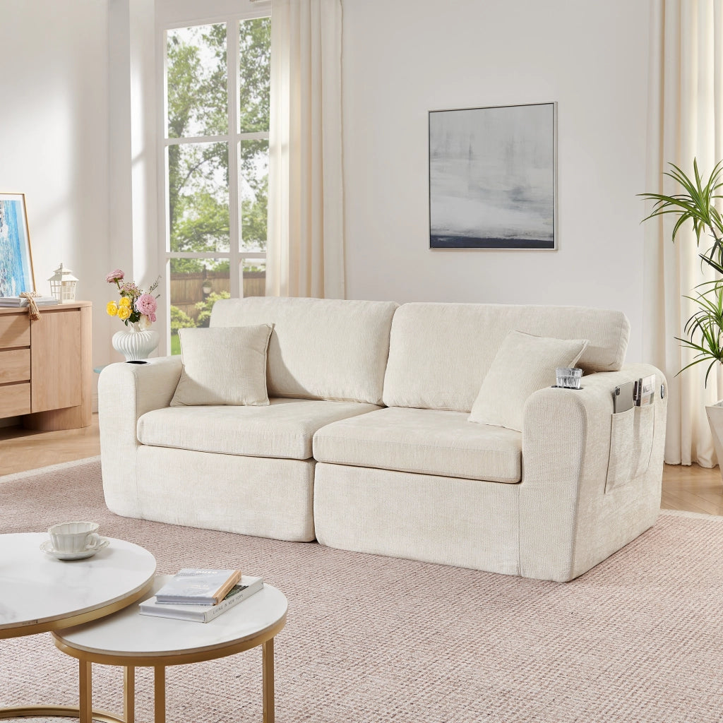 Divano a 2 posti compatto con tasca laterale, portabicchieri, cuscini e ricarica USB in chenille beige