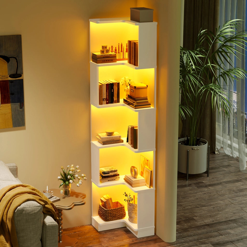 Libreria angolare a L con illuminazione LED, 63,5 x 45 x 175 cm, 5 ripiani, bianca