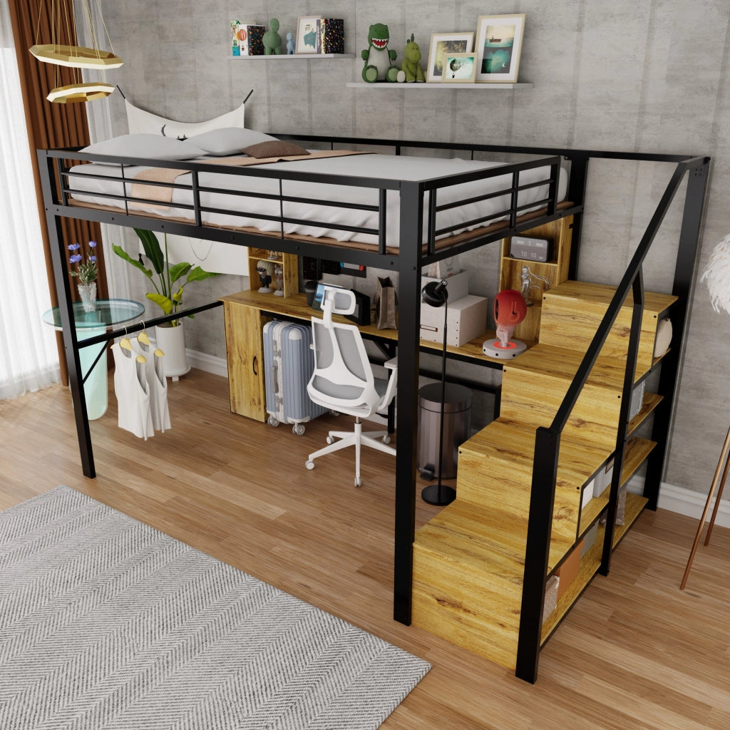 Letto a soppalco 140 × 200 cm in metallo e MDF nero con scrivania, schrank e scala contenitore