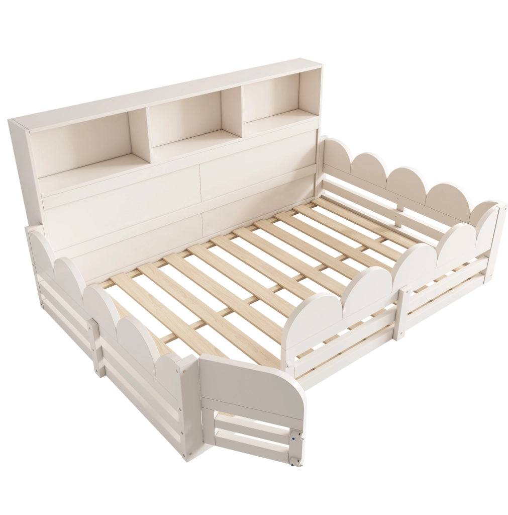 Letto a terra per bambini 140x190 cm in legno bianco con sponda; porta e ripiani