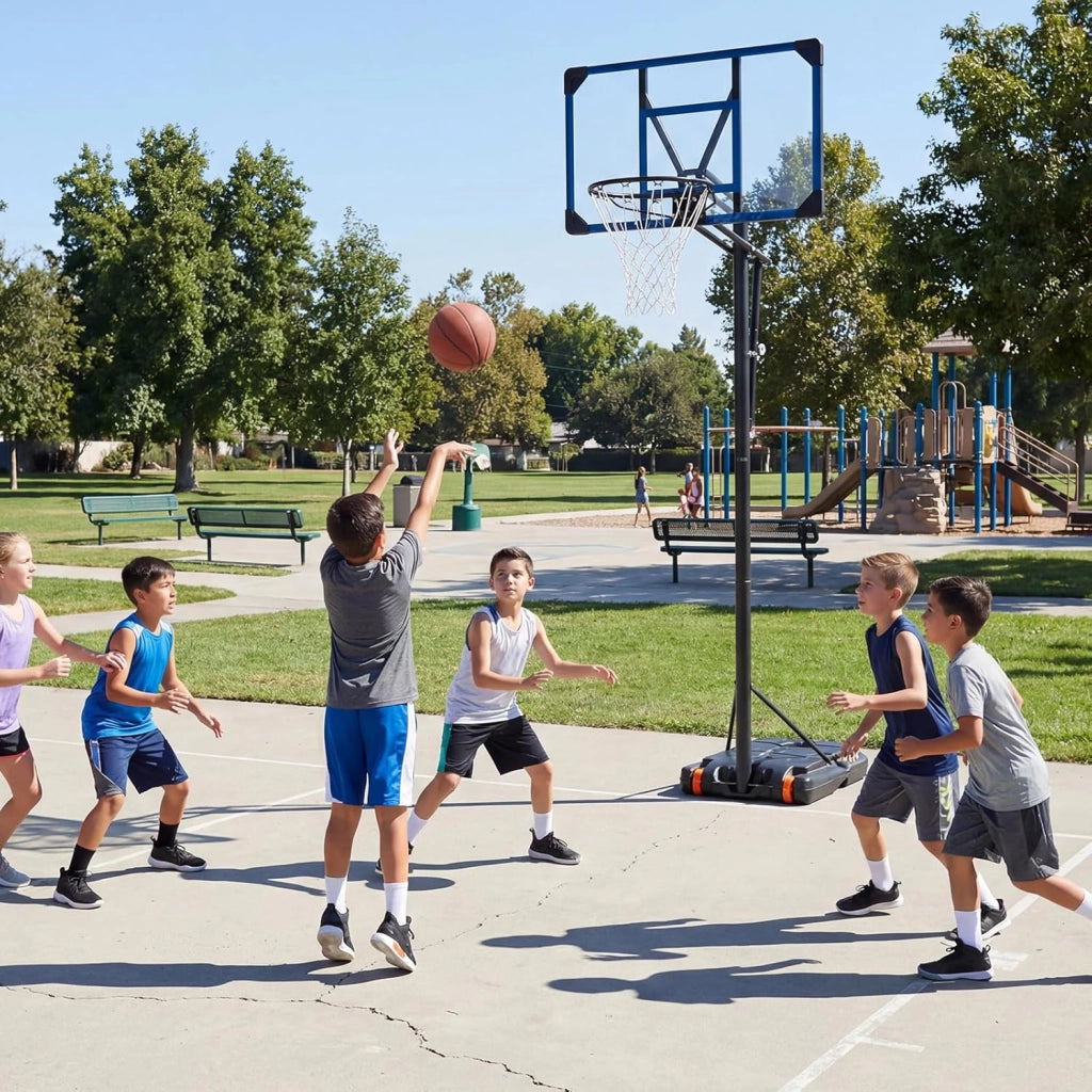 Canestro da Basket da Esterno, Canestro da Basket per Bambini con Altezza Regolabile 206-273,5 cm, Tabellone 82 cm e Base Riempiibile con Ruote, Sistema di Basket Portatile da Interno