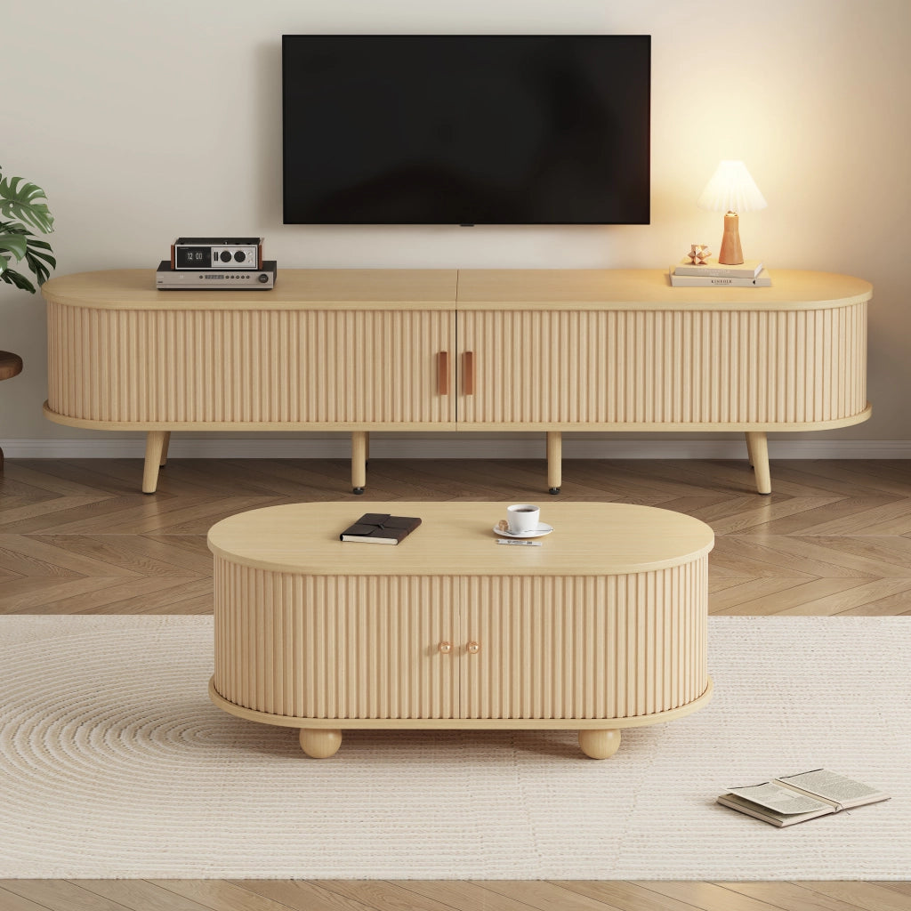 Mobile TV e Tavolino da Soggiorno con Contenitore; Design Ovale; MDF Effetto Legno