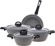 Set di tegami in granito bio 7 pezzi con coperchi in vetro, set di tegami con trattamento antiaderente, 2 tegami con coperchio in vetro e 2 tegami