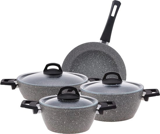 Set di tegami in granito bio 7 pezzi con coperchi in vetro, set di tegami con trattamento antiaderente, 2 tegami con coperchio in vetro e 2 tegami