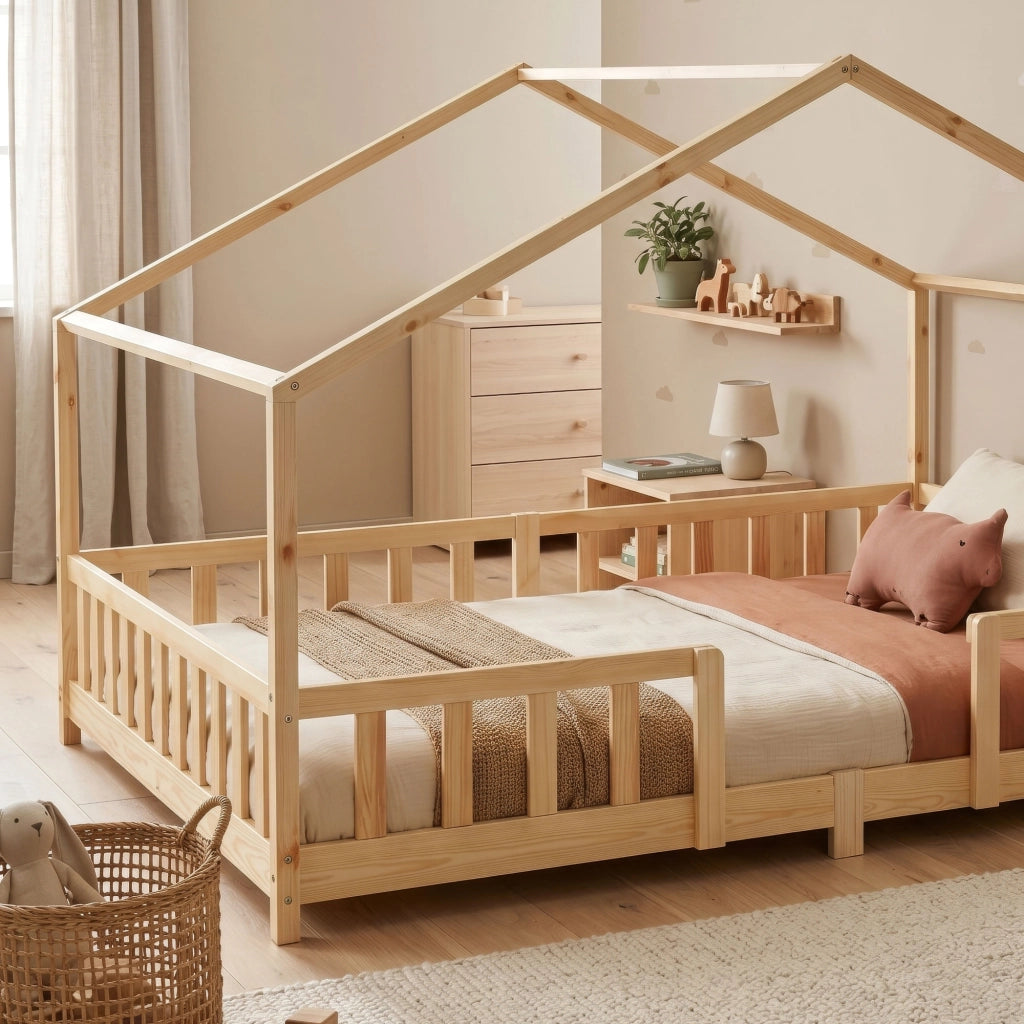 Letto per Cameretta Treviolo a Forma di Casetta in Stile Montessori 140x200 cm Naturale [en.casa]