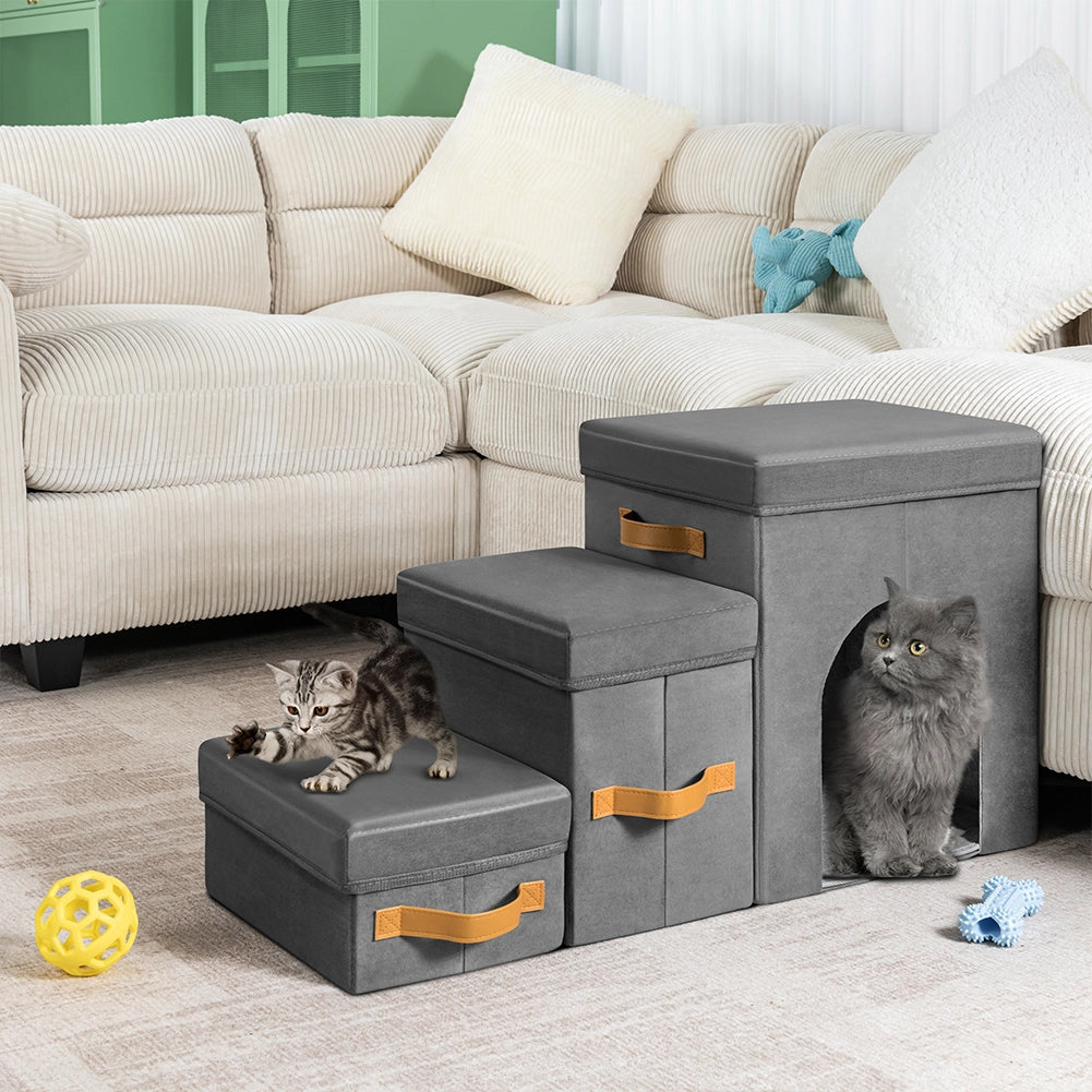 Scala per Animali 3in1 Multifunzione Scaletta Grigio Pieghevole Vano Contenitore