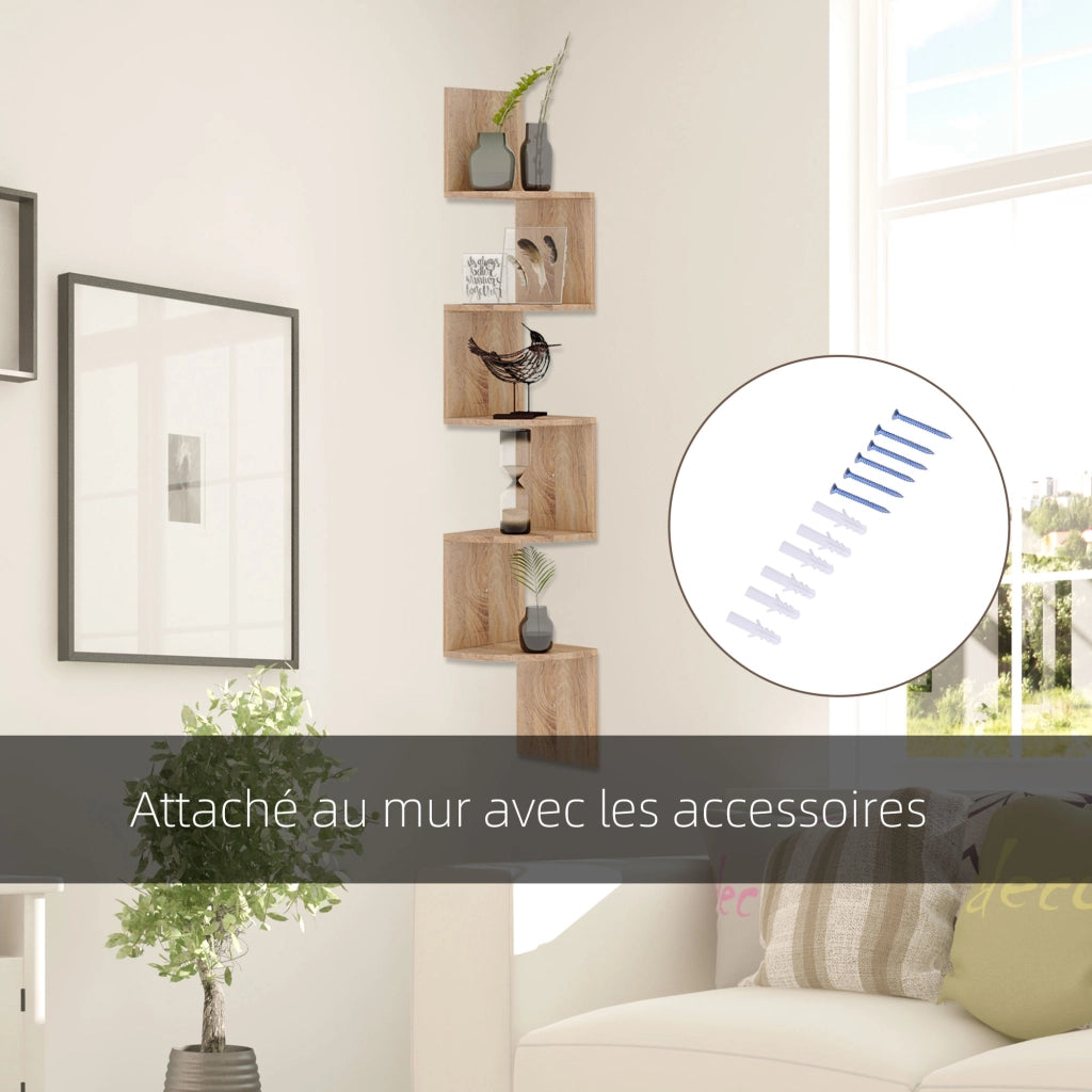 Libreria Angolare a Parete Zigzag 5 Livelli ¨C Zephmum ¨C Legno Rovere 20x20x126 cm