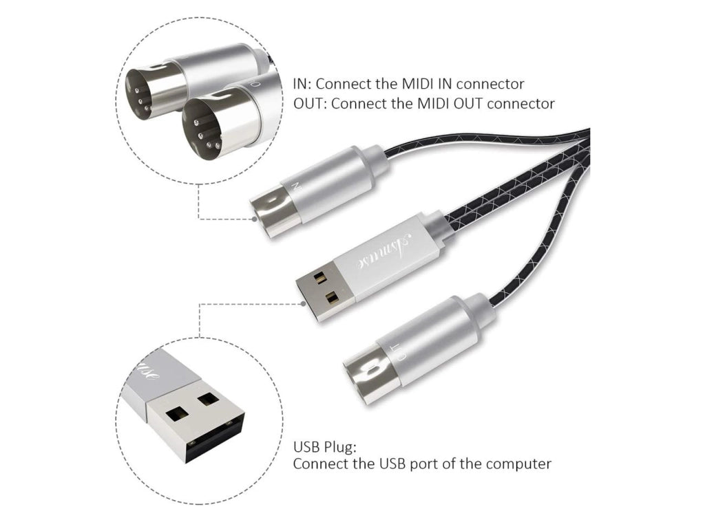 Asmuse Cavo USB MIDI Interfaccia MIDI 5 Pin per Collegamento Tastiera Musicale e Pianoforte Digitale a PC/Mac per Registrazione e Produzione Musicale