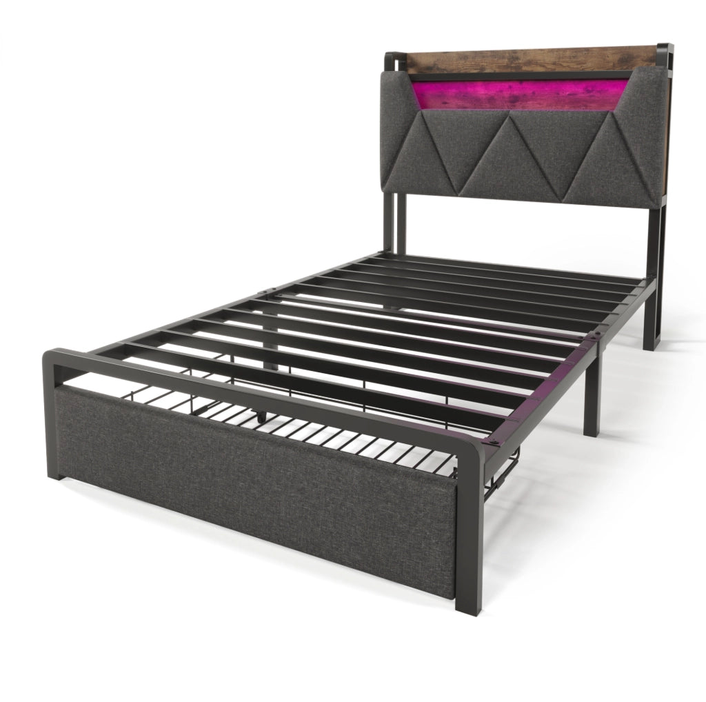 Letto singolo 90x200 cm con LED; USB C e testiera contenitore con cassetto; tessuto di lino grigio
