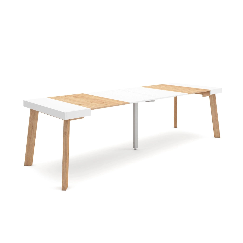 Consolle allungabile, 302x90x73cm, Per 14 persone, Gambe in legno, colore Rovere e bianco RF3093