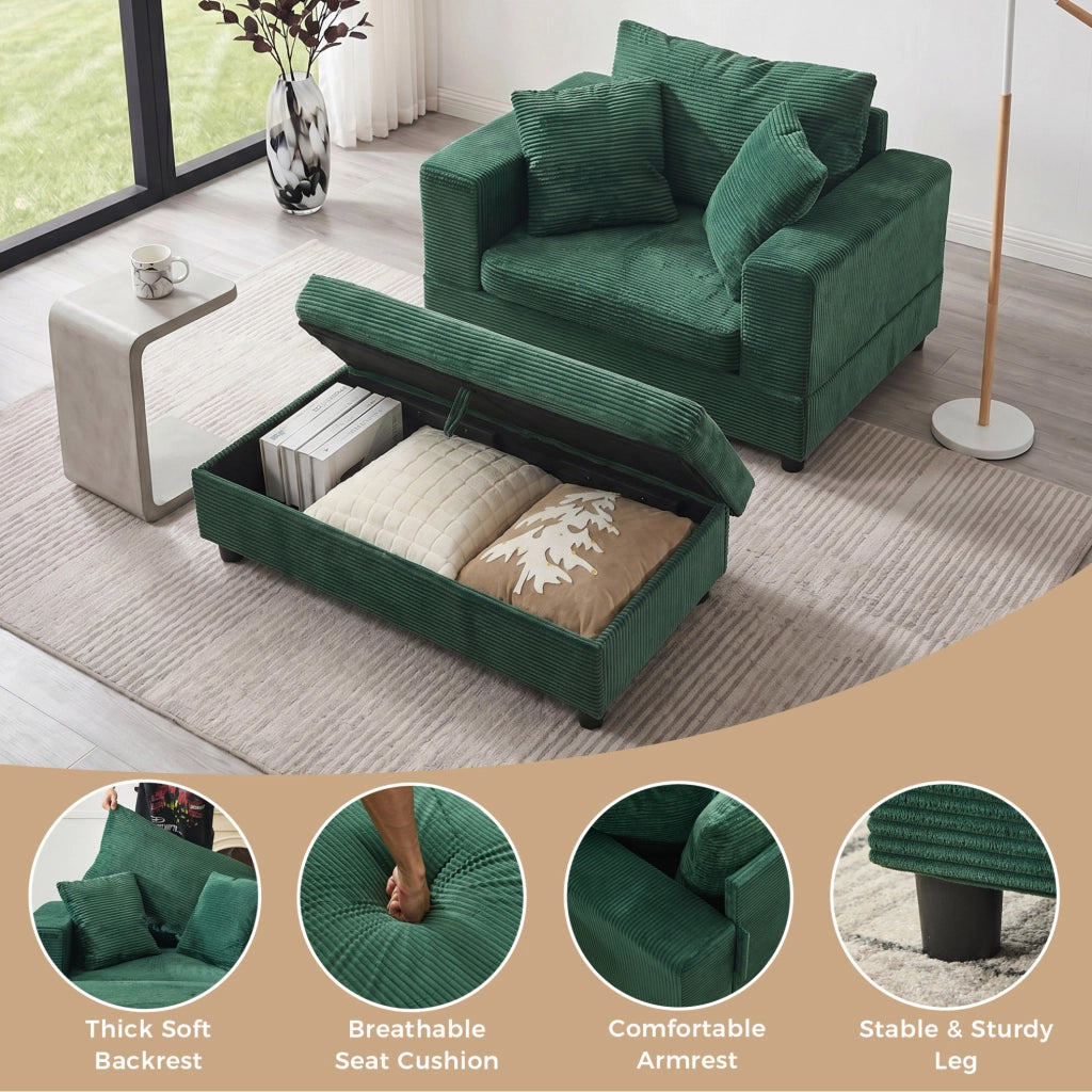 Chaise longue con poggiapiedi e contenitore, divano lounge con 3 cuscini, verde smeraldo