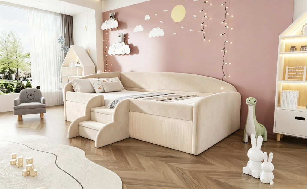 Letto per bambini 90 × 190 cm con scalini antiscivolo, sponde di sicurezza, senza materasso, beige