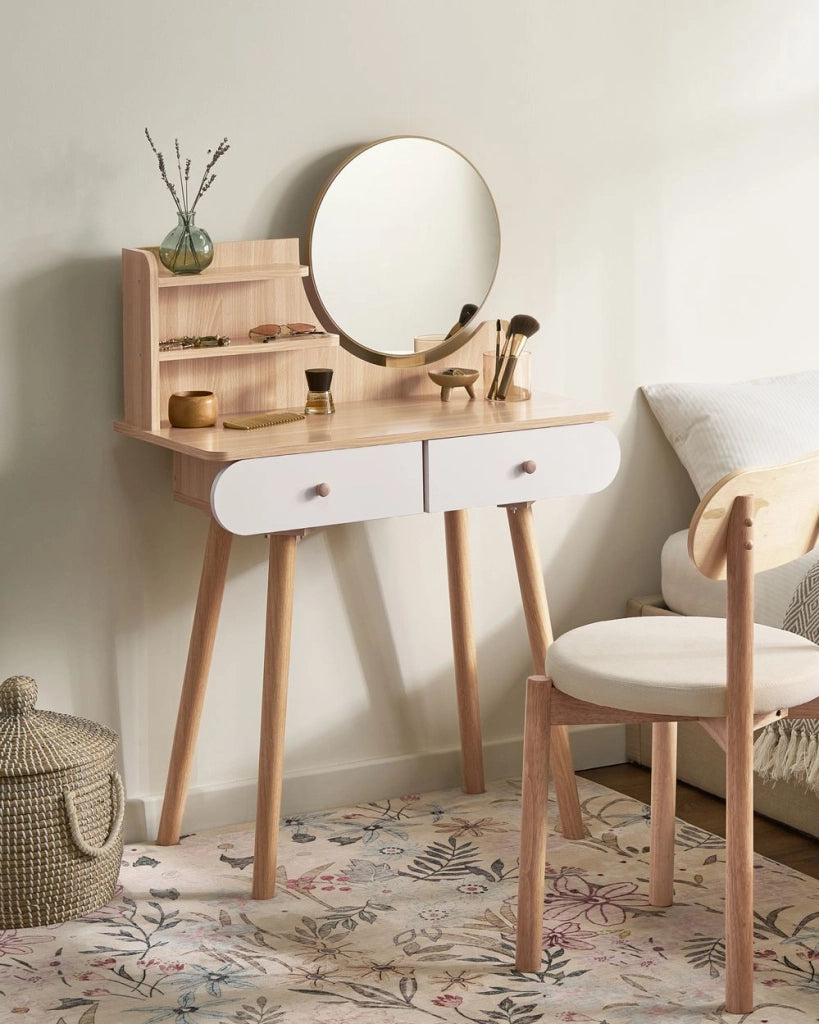 Toeletta in MDF bianco con specchio rotondo, 2 cassetti finitura decorativa effetto legno design scandinavo camera da letto