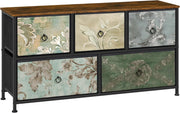 Cassettiera, 5 Cassetti per Camera da Letto/Corridoio/Soggiorno, Marrone Rustico e Nero con Motivo Fiore retrò, Struttura in Metallo, 100x30x54cm, SSK005pw