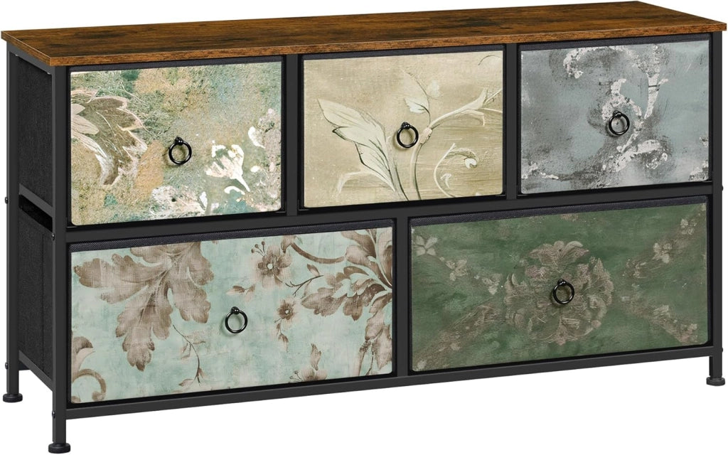 Cassettiera, 5 Cassetti per Camera da Letto/Corridoio/Soggiorno, Marrone Rustico e Nero con Motivo Fiore retrò, Struttura in Metallo, 100x30x54cm, SSK005pw