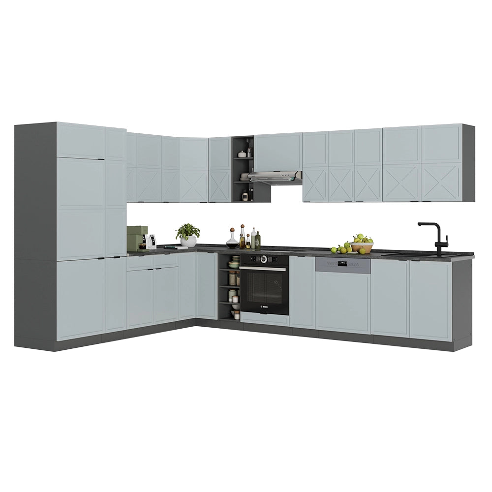 Cucina angolare completa Fame-Line Blu-grigio chiaro/Antracite 347 x 60 cm, PL Marmo Vicco