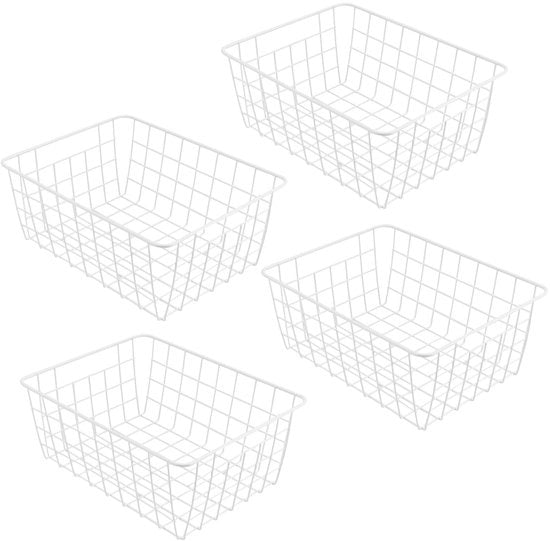 Cassa di Archiviazione Robusta - 4 Stuks - 28 x 22 x 12 cm - Metallo Bianco con Design a Filo - Maniglie in Acciaio - Scatola di Archiviazione