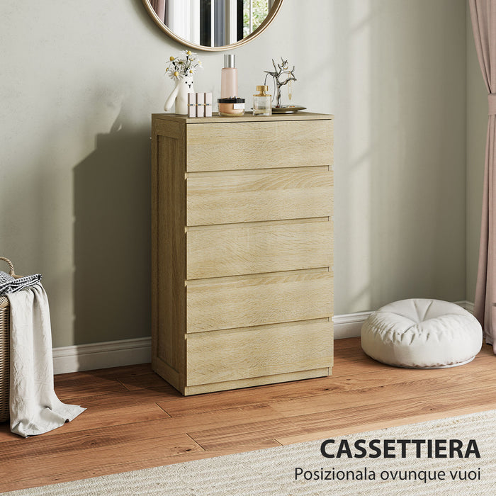 Cassettiera 5 Cassetti 60x39x100 cm in Legno con Guide in Metallo e Maniglie Scanalate color Faggio