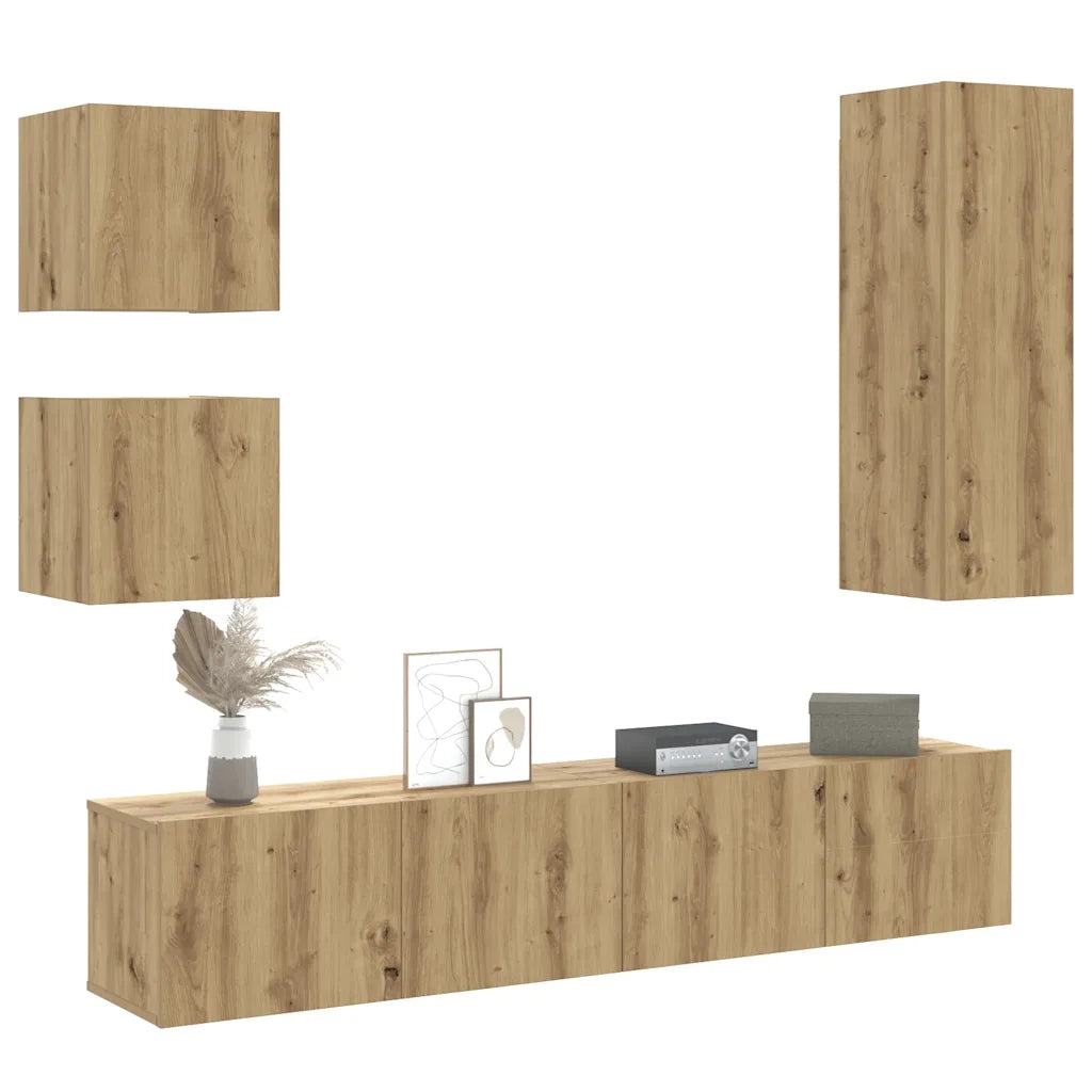 Set Mobile TV 5 pz Montato a Parete Rovere in Legno Multistrato 3328998