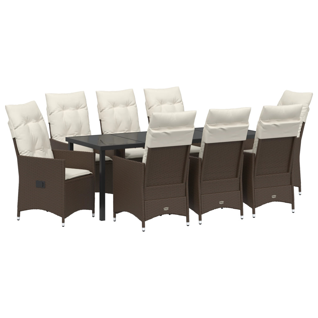 Set da Pranzo da Giardino 9 Pezzi con Cuscini Marrone in Polyrattan