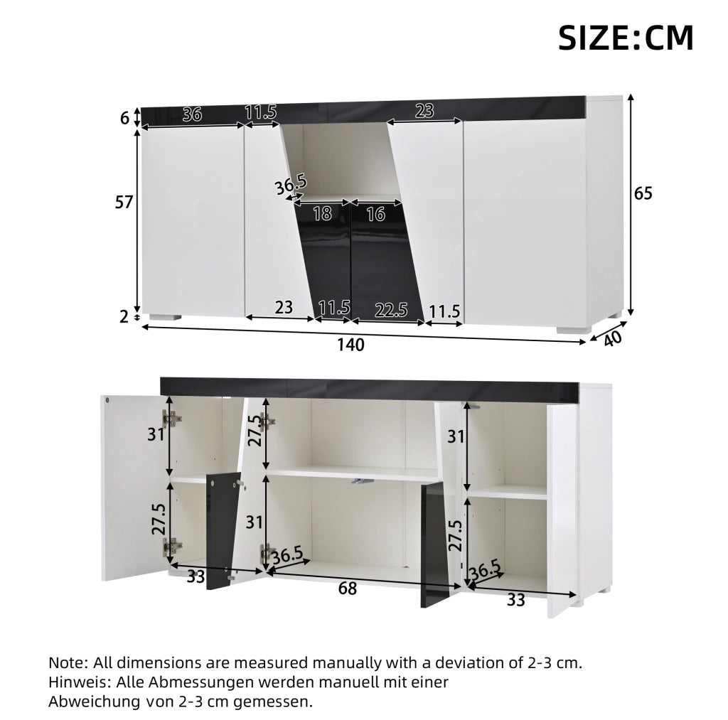 Sideboard 140x40x65 cm con 4 ante; LED e finitura lucida; bianco e nero