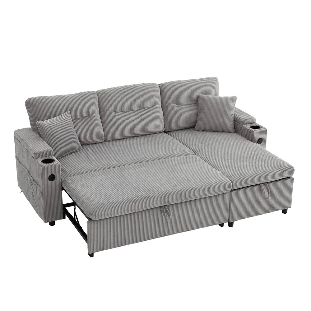 Divano 3 posti con contenitore e chaise longue ¨C Minimal ¨C Grigio corda, idraulico, con porta bevande e USB-C