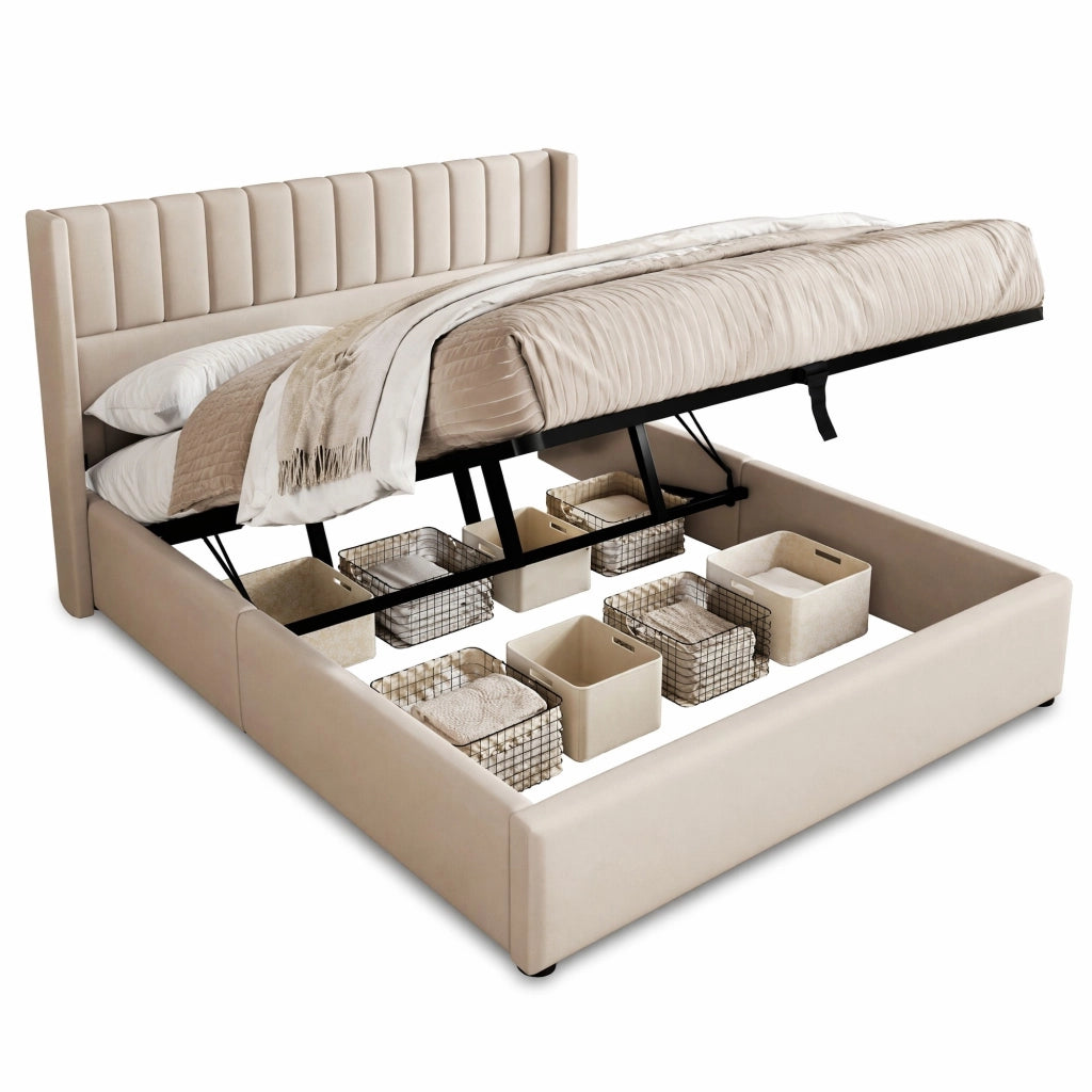 Letto matrimoniale contenitore 180x200 cm con rete sollevabile; in lino beige
