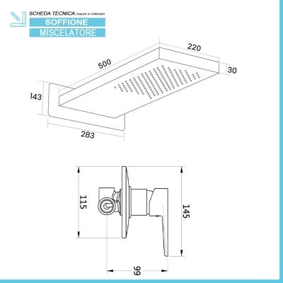 Set doccia incasso Erika nero opaco con soffione doccia a muro inox 22x50