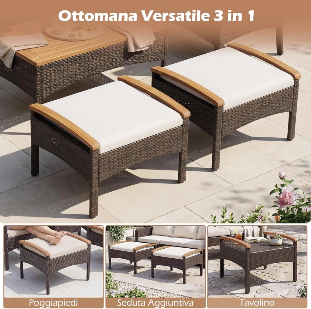Set Salotto da Giardino in Rattan da 5 Pezzi, Set in Vimini per Esterni con Cuscini per Sedili e Schienale, Comodo Tavolino e 2 Ottomane, per Giardino Cortile Piscina (Bianco)