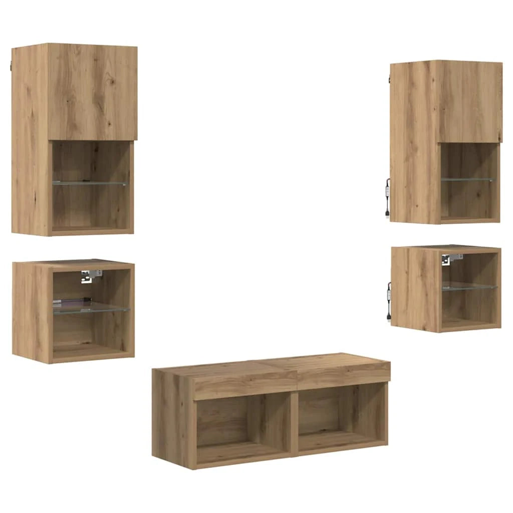 Set di 8 moderni mobili TV da parete con LED design minimalista 30 x 28,5 x 30 cm finitura rovere ingegnerizzato realizzati a mano 02_0056083