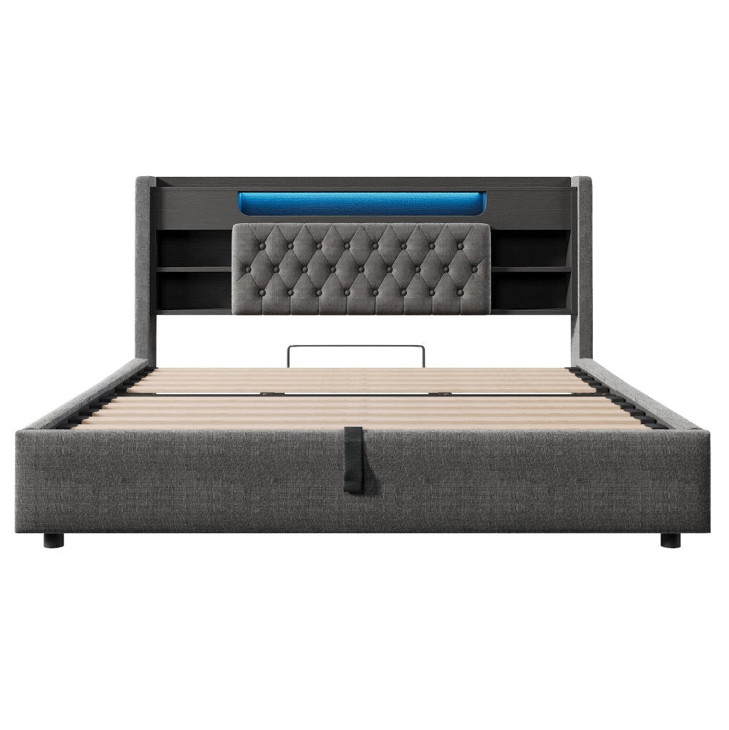 Letto matrimoniale 180x200 cm con contenitore idraulico; LED; USB e USB-C; in lino grigio